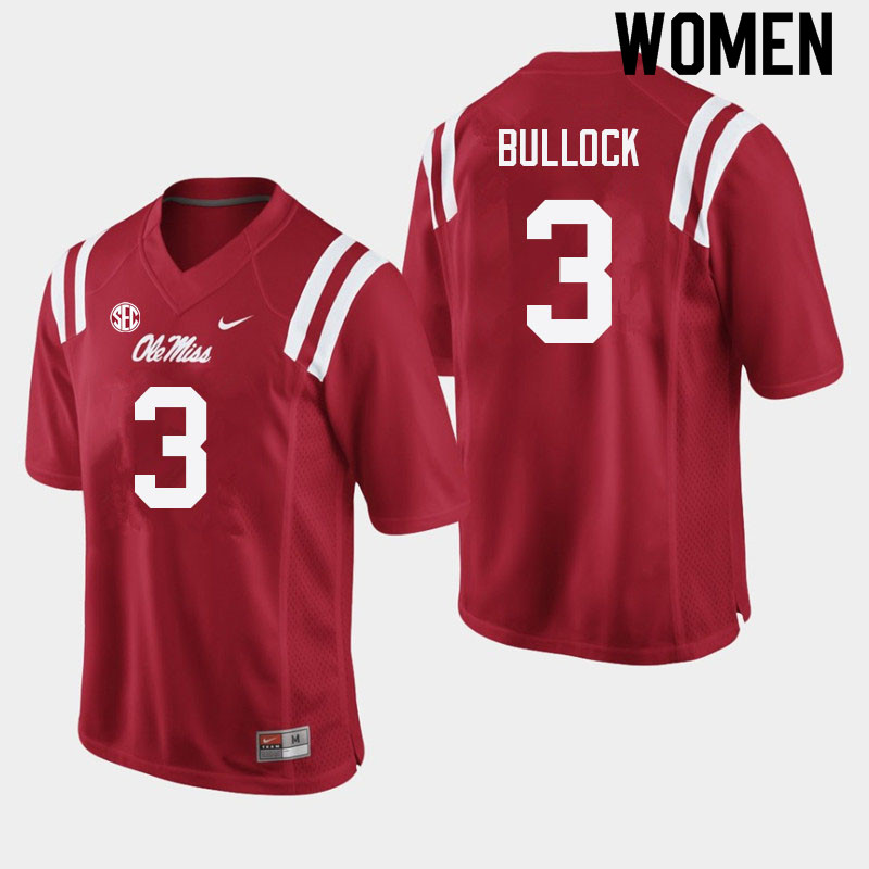 Women #3 Kentrel Bullock Ole Miss Rebels College Football Jerseys Sale-Red